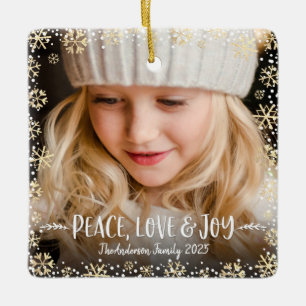 Ornement En Céramique Photo Peace Loy Joy Gold Snowflake Chic Christmas