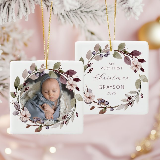Ornement En Céramique Photo personnalisée Baby First Christmas Purple (Créateur téléchargé)