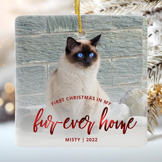 Ornement En Céramique Photo Pet First Christmas Forever Home Red (Créateur téléchargé)