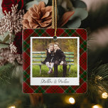 Ornement En Céramique Photo Plaid classique double face personnalisée<br><div class="desc">Un joli ornement photo à double face avec une photo préférée de chaque côté,  sur un arrière - plan festif rouge et vert plaid. Personnalisez avec une légende personnalisée sur le devant en lettres manuscrites,  et ajoutez l'année à l'arrière.</div>