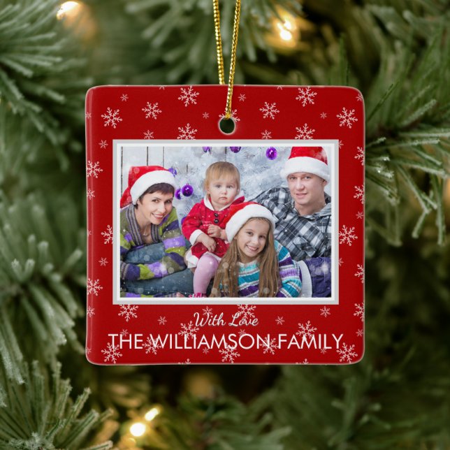 Ornement En Céramique Photo préférée sur le rouge de Noël avec des floco (Arbre)