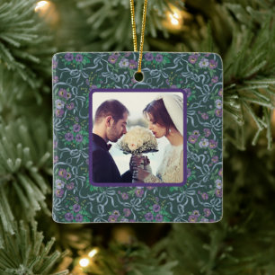 Ornement En Céramique Photo ruban bleu des pensées violettes victorienne