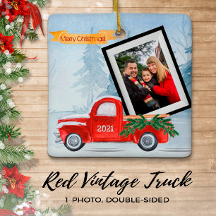 Ornement En Céramique Photo Rustic Red Christmas Camion unique