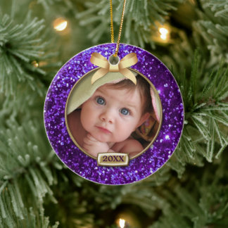 Ornement En Céramique Photo Sparkel Purple/Gold Bow
