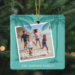 Ornement En Céramique Photographie de Noël de Mele Kalikimaka<br><div class="desc">Des ornements tropicaux de noël mettant en vedette un arrière - plan turquoise,  2 photos à remplacer par vos propres palmiers de plage silhouette,  la Joyeuses Fêtes hawaïenne Mele Kalikimaka et votre nom de famille.</div>