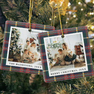 Ornement En Céramique Photos de famille avec motif tartan Noël