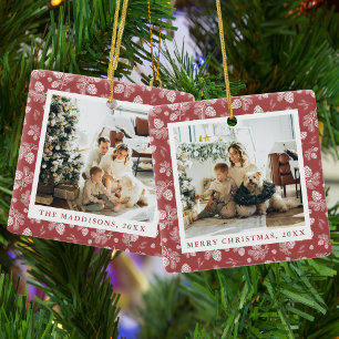 Ornement En Céramique Photos de famille motif rouge cônes de pin de Noël
