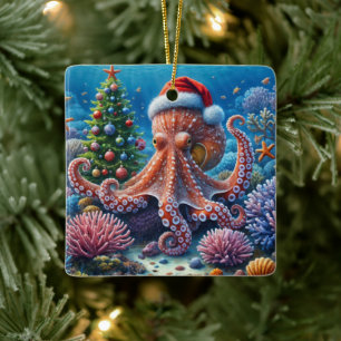 Ornement En Céramique Pieuvre de Noël portant un chapeau de Père Noël