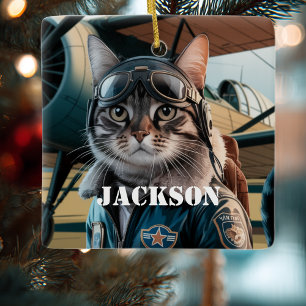 Ornement En Céramique Pilote de chat Avion Drôle d'aviation Noël Personn