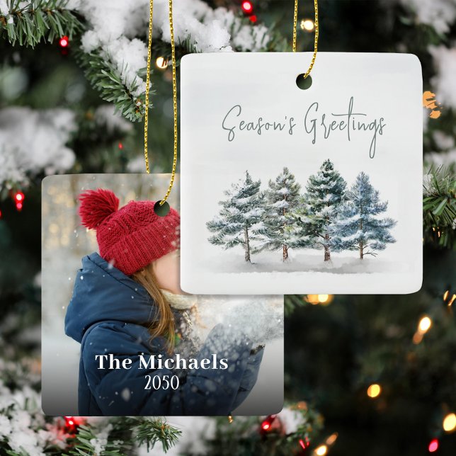 Ornement En Céramique Pin d'hiver vert photo personnalisée (With script lettering and personalized with your name and year.)
