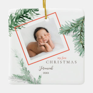 Ornement En Céramique Pine Bough Enfant Photo Mon 1er Carré de Noël