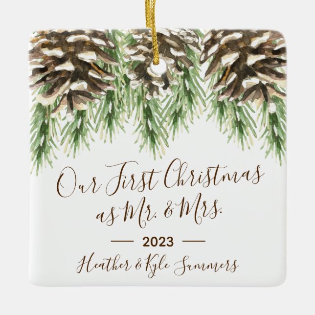Ornement En Céramique Pinecone Notre premier Noël en tant que M. & Mme (Devant)