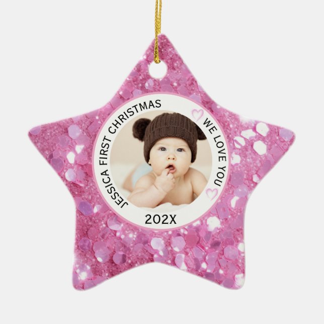 Ornement En Céramique Pink Baby Girl First Christmas Nom Photo (Devant)