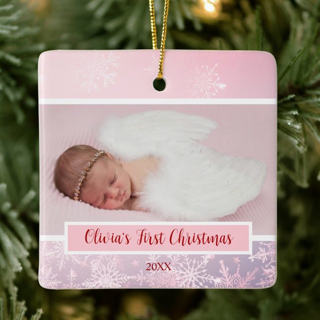 Ornement En Céramique Pink Christmas Photo Flac à neige Premier Noël (My First Christmas Snowflake Baby Photo Ornament, Pink Christmas, Winter Wonderland, Elegant, Girly)
