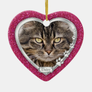 Ornement En Céramique Pink Silver Heart Pet Cat Memorial Photo Noël