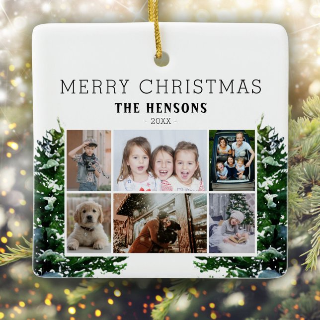 Ornement En Céramique Pins Arbres Aquarelle de neige Famille 6 Photo Col (Créateur téléchargé)