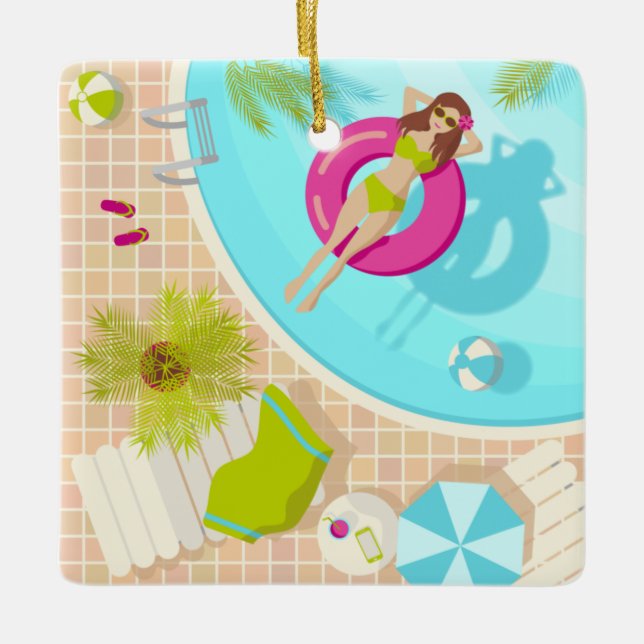 Ornement En Céramique Piscine fille en bikini plage d'été (Devant)