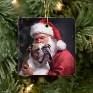 Ornement En Céramique Pitbull avec le Père Noël Fête de Noël