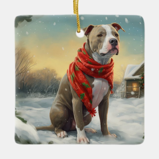 Ornement En Céramique Pitbull Chien dans Noël de neige (Devant)