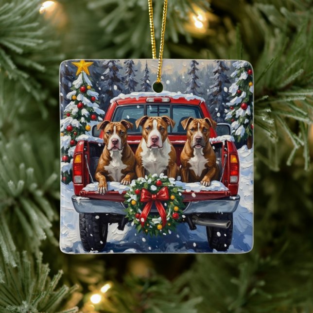 Ornement En Céramique Pitbull Christmas Red Truck Holiday (Arbre)
