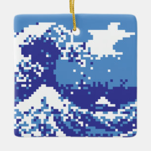 Ornement En Céramique Pixel Tsunami bleu 8 bits Pixel Art
