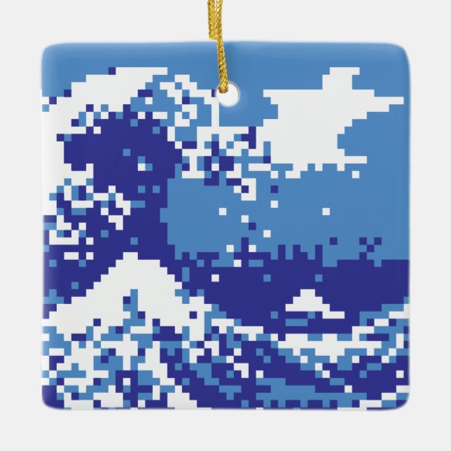 Ornement En Céramique Pixel Tsunami bleu 8 bits Pixel Art (Devant)