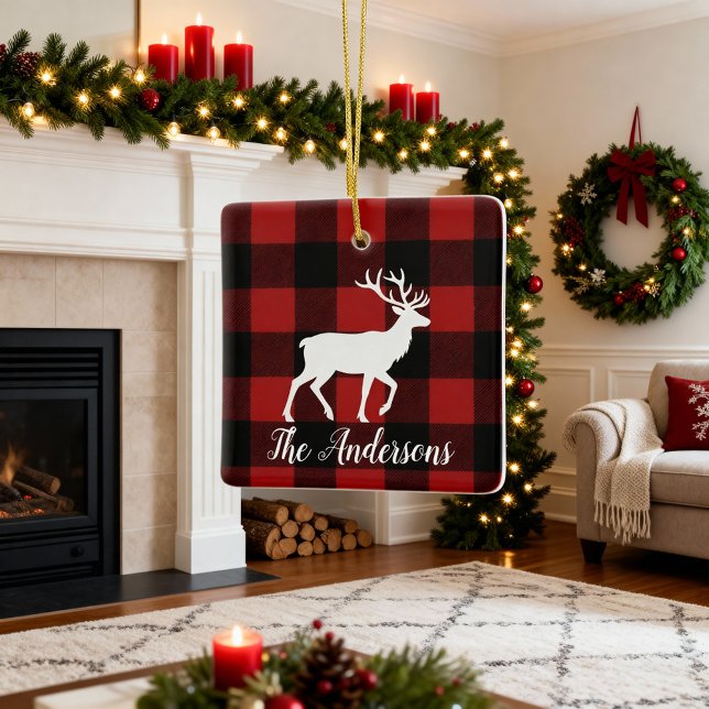 Ornement En Céramique Plaid Deer Family Name Christmas Keepsake Ornament (Créateur téléchargé)