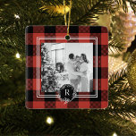 Ornement En Céramique Plaid rouge Buffalo moderne | Photo de famille | I<br><div class="desc">Plaid rouge Buffalo moderne | Photo de famille | Initiale</div>
