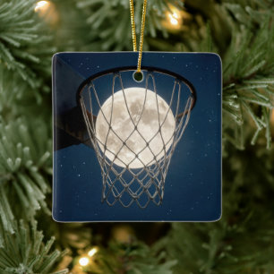 Ornement En Céramique Pleine lune de Noël dans un filet de basket-ball