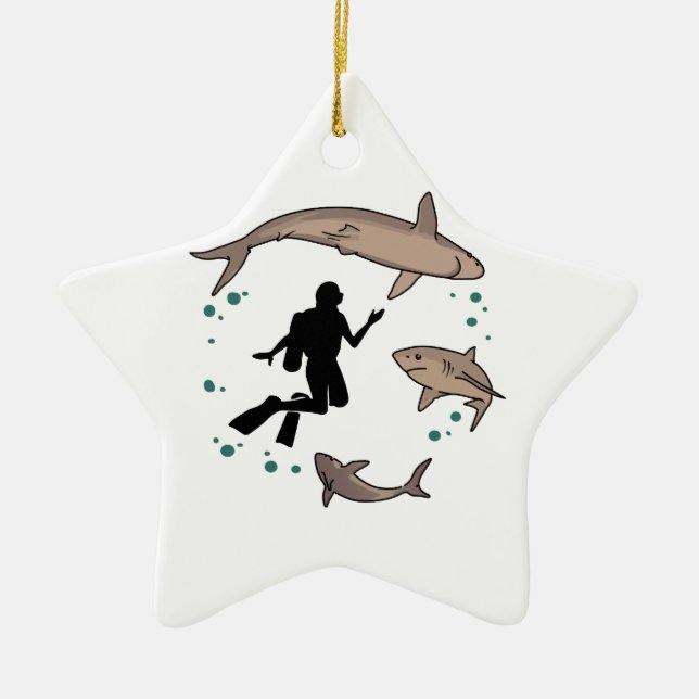 Ornement En Céramique Plongeur Et Requins (Devant)