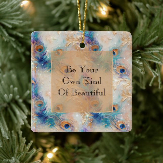 Ornement En Céramique Plumes Peacock Or Aqua Blanc (Arbre)