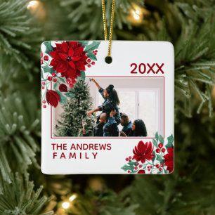 Ornement En Céramique Poinsettia Fleurs Ivy Feuille Photo de Noël