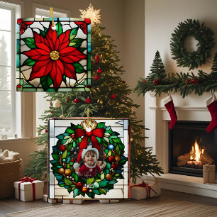 Ornement En Céramique Poinsettias Simples en Verre Peint Faux