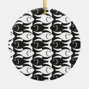 Ornement En Céramique Poisson moderne du milieu du siècle, noir et blanc