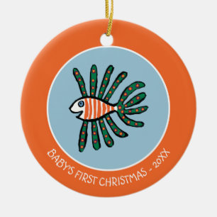 Ornement En Céramique Poissons jumeaux verts et oranges d'aileron