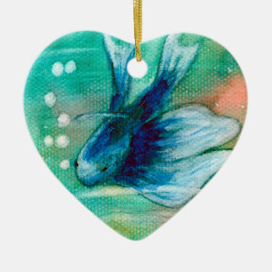 Ornement En Céramique Poissons noirs d'encre bleus de Betta