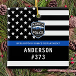 Ornement En Céramique Police Département Blue Custom Logo Police Applica<br><div class="desc">Jeu de Noël du département de police de la Ligne Bleue Mince - drapeau américain dans les couleurs du drapeau de la police, design moderne noir et bleu. Customisez avec le logo de votre service et personnalisez avec le nom et le numéro d'insigne des policiers. Ce vêtement personnalisé d'application de...</div>