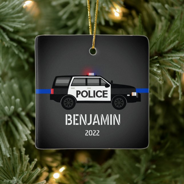 Ornement En Céramique Police SUV mince Ligne bleue Enfants Noël (Arbre)
