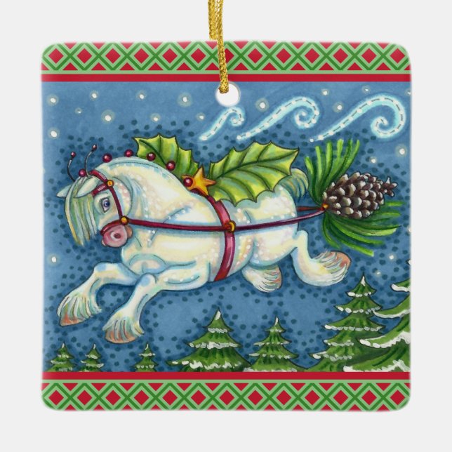 ORNEMENT EN CÉRAMIQUE PONY PULLING PINECONE SLEIGH DE NOËL VOLANT (Devant)