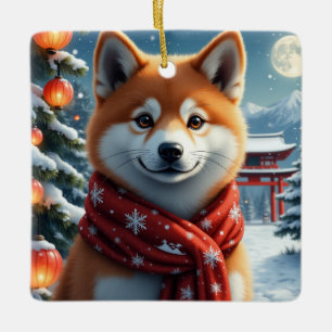 Ornement En Céramique Portrait d'hiver de Noël japonais Akita Art