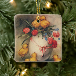 Ornement En Céramique Poussins de Pâques vintages, Oeufs aux fleurs de t