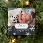 Ornement En Céramique Premier Noël Baby Photo Chalkboard neige<br><div class="desc">Mon premier Noël avec des flocons de neige sur un tableau de bord arrière - plan et la conception de l'ornement photo peut être personnalisé avec le nom du bébé et l'année de naissance. Inclut une deuxième photo à l'arrière.</div>