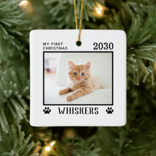Ornement En Céramique Premier Noël Chat Photo Nom Empreintes de pattes P