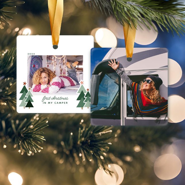 Ornement En Céramique Premier Noël Dans Camper RV Arbres Rustiques Photo (First Christmas In Camper RV Rustic Trees Photo Ceramic Ornament)