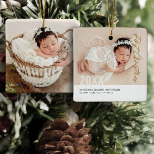 Ornement En Céramique Premier Noël de Bébé 2-Photo Nom & Détail de Naiss