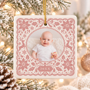 Ornement En Céramique Premier Noël de Bébé Dusty Rose Lace Square Photo