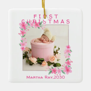 Ornement En Céramique Premier Noël de Bébé Fille cadre floral rose tendr