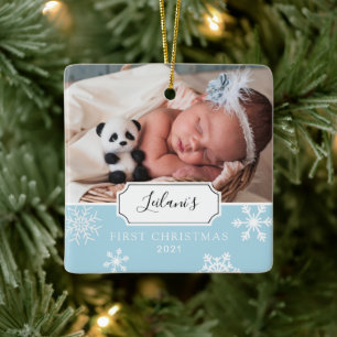 Ornement En Céramique Premier Noël de bébé Flocon de neige bleu clair