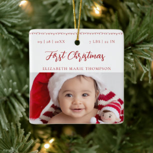Ornement En Céramique Premier Noël de Bébé Nom Stats Écriture Rouge Phot
