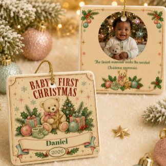 Ornement En Céramique Premier Noël de bébé personnalisé 2026 Rétro 